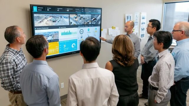 Business Meeting: A group of professionals gathers in a modern office, attentively reviewing data and analytics displayed on a large screen, sparking a collaborative discussion