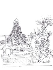 sicily, the coast where odysseus sailed, cyclops stones, monochrome drawing, travel sketch