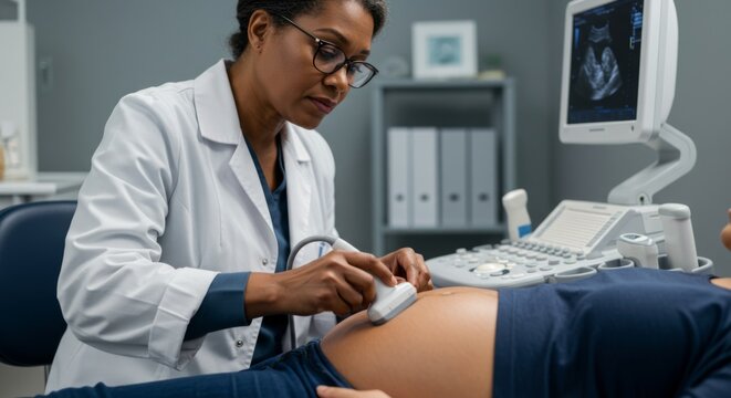 Prenatal ultrasound examination by doctor in medical clinic for maternal health checkup