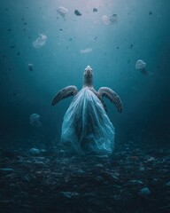 Obraz premium Sea Turtle Swimming Underwater Trapped In Plastic Bag Ocean Pollution Environmental Impact Close Up Marine Life
