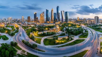 Naklejka premium Dynamic nighttime cityscape urban skyline photorealistic image lively environment aerial view