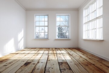 Fototapeta premium Empty Room Interior with Wooden Floor and Windows Letting in Sunlight in Winter Season