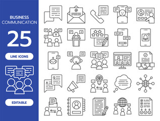 Business Communication Line Icon Set. Includes 25 editable vector icons such as chat, email, voice call, video call, meeting, webinar, file sharing, announcement, chatbot, team discussion, and more.