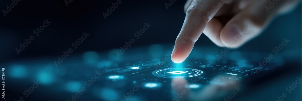 Poster Futuristic Cybersecurity Interface Immersive Digital Touchpoint with Glowing Holographic Update Mechanism for Next-Gen Tech Protection and System Optimization