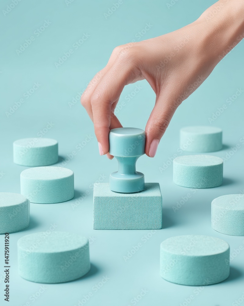 Poster minimalist design strategy soft pastel blue geometric shapes showcasing precision, brand positioning