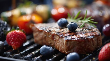 Grilled Steak with Fresh Berries and Rosemary on Grill Close Up Food Photography Delicious Meal Preparation