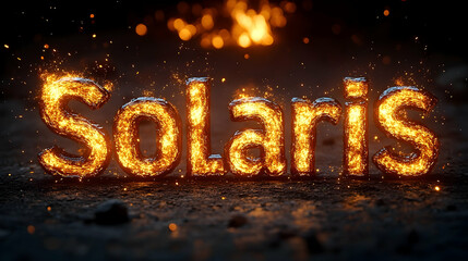 Fiery word "Solaris" set against a dark, gritty background with sparks and flames