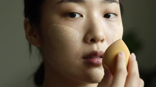 Asian Woman Applying Foundation Makeup Seamlessly for a Natural Skin Tone