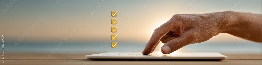 Poster digital verification revolution minimalist hand touching sleek tablet with golden checklist, capturi
