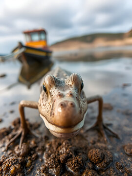 Close up view of real mud skipper by the shore