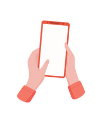 A hand holds a mobile phone displaying a blank template. The smartphone features touchscreen. This user device is ideal for applications. Digital technology, flat format, great for online media.