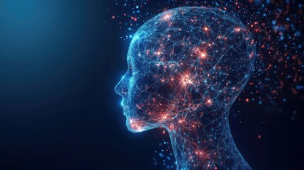 Abstract digital head profile, glowing network connections