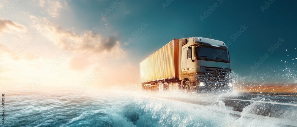 Poster adaptive logistics breakthrough high-performance cargo truck navigating dynamic terrain with climate