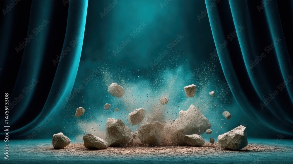 Poster cinematic industrial disruption explosive rock deconstruction with dramatic teal backdrop - transfor