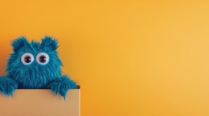 A playful blue fuzzy character with large eyes is curiously peeking over the edge of a cardboard box set against a bright yellow backdrop