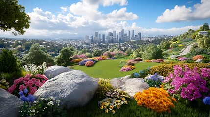 Vibrant flower garden overlooking city skyline los angeles landscape photography daytime aerial view