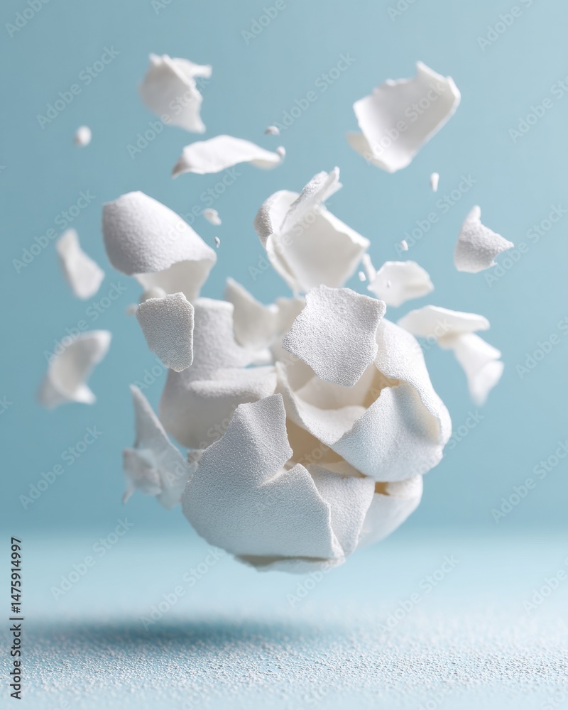 Aufkleber Dynamic Minimalist Textural Explosion White Fragmented Paper Burst in High-Contrast Soft Blue - Creative Marketing Visual for Modern Brand Storytelling