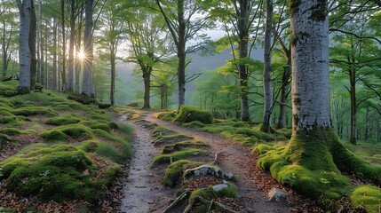 Fototapeta premium Lush Forest Trail Bathed In Golden Sunlight With Green Foliage And Mossy Ground