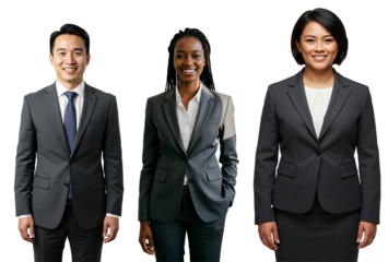 Three diverse young adult business professionals, including an Asian man, a Black woman, and an Asian woman, standing together in suits against a transparent background, smiling confidently.