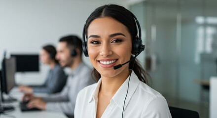 Friendly customer service representative smiling at work in modern office setting