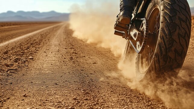 A motorcycle tire kicking up dust on a long, empty desert highway, the endless road stretching ahead as the rider enjoys the freedom of the open road.
