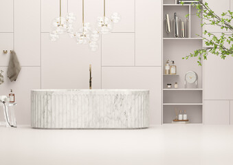 Minimal stone bathroom interior on white background. Wall stone beige back pastel luxury decor. Template modern design interior home. 3D rendering

