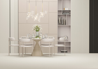 Minimal circle table and chair design modern style, white beige background .Wall stone beige back pastel decor. Trendy 3d render for social media