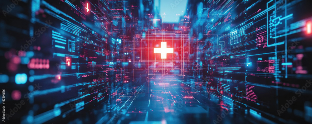 Poster a computer generated image of a city with a red cross in the middle. the image is blue and red in co
