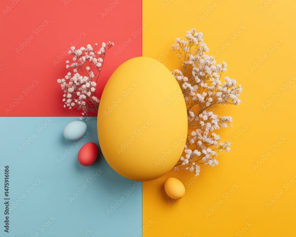 Poster minimalist easter design vibrant color block egg composition with delicate babys breath - modern sea