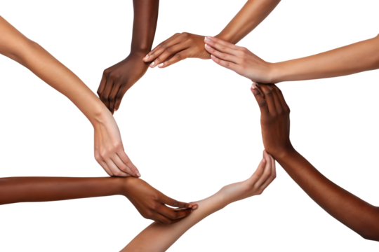 Diverse hands forming a circle, symbolizing unity and collaboration concept on transparent background