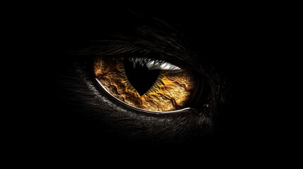 Intense Close-Up of a Cat's Golden Eye Staring Intently from the Darkness Animal Portrait Dramatic Lighting
