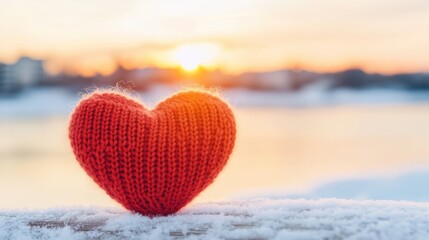 Fototapeta premium A soft red knitted heart stands on a snowy surface with a glowing sunset in the background, creating a peaceful winter atmosphere