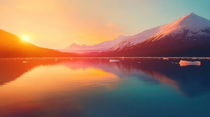 Vibrant colors fill the sky as the sun sets behind snow-covered peaks reflecting on the calm lake waters
