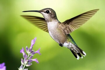 Fototapeta premium Close-up of a hummingbird hovering near a purple sage flower, with a soft green background and natural lighting. High-resolution photography.generative ai