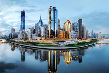 Stunning riverside skyline at dusk urban cityscape panoramic view tranquil atmosphere