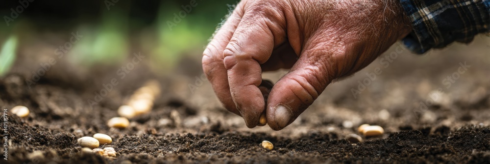 Aufkleber farmers hand planting seeds in rich soil during springtime in a rural field with open space for grow