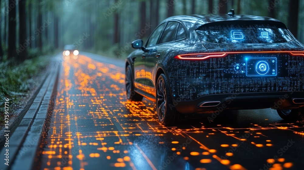 Poster smart vehicle navigating a road embedded with dynamic digital pathways, ai signals, and real-time se