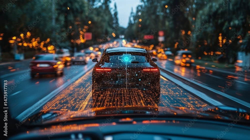 Poster smart vehicle navigating a road embedded with dynamic digital pathways, ai signals, and real-time se