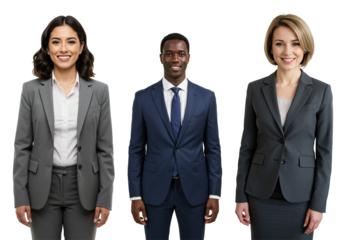 Studio portrait of three smiling young adult business professionals, two women and one Black man, wearing suits and standing against a transparent background.