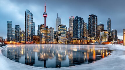 Fototapeta premium Urban skyline at sunset toronto ultra hd panoramic photo winter reflections aerial view