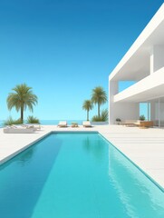 Fototapeta premium Modern luxury villa with pool and ocean view in tropical paradise, showcasing minimalist architecture and serene atmosphere, sunny day