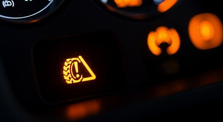 Close-up of illuminated tire pressure monitoring system (TPMS) warning light on car dashboard