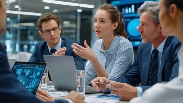 Team Discussion: In a modern office, a focused discussion unfolds amongst a team, showcasing professional collaboration and effective communication. Capturing the essence of strategy