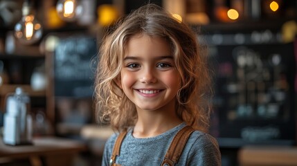 Smiling girl in a cafe.  Happy child with curly hair