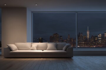 Apartment Interior with Sofa and New York City Skyline View at Night from Window Low Angle