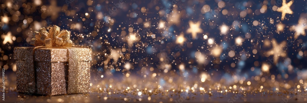 Aufkleber holiday sparkles and stars create a magical atmosphere with a glowing gift box in the corner of a fe