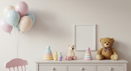 Pastel nursery decor with teddy bears and balloons for baby room inspiration