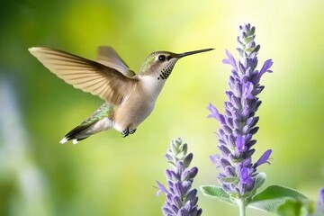 Close-up of a hummingbird hovering near a purple sage flower, with a soft green background and natural lighting. High-resolution photography.generative ai