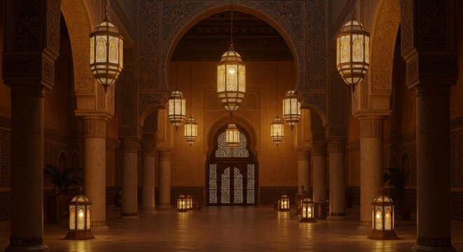 Majestic interior of traditional moroccan palace featuring ornate lanterns and arches - Powered by Adobe
