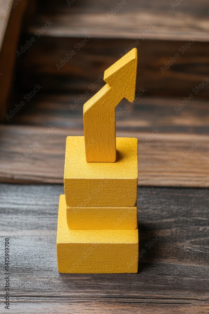 Poster upward directional arrow on wooden blocks symbolizing growth and success in a close up still life on